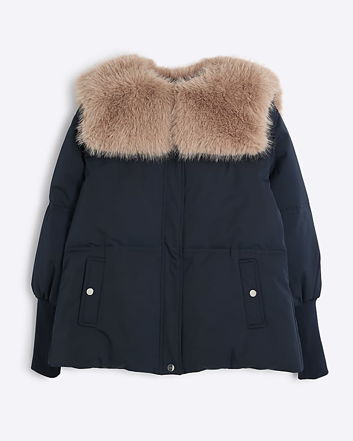 Navy Padded Faux Fur Collar Jacket