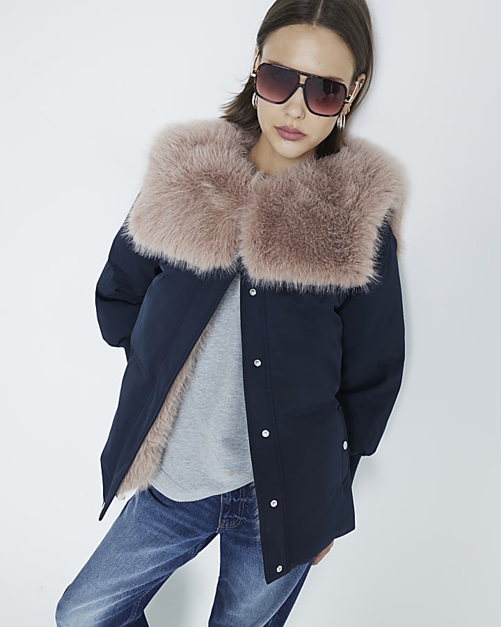 Navy Padded Faux Fur Collar Jacket