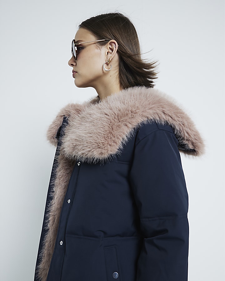 Navy Padded Faux Fur Collar Jacket