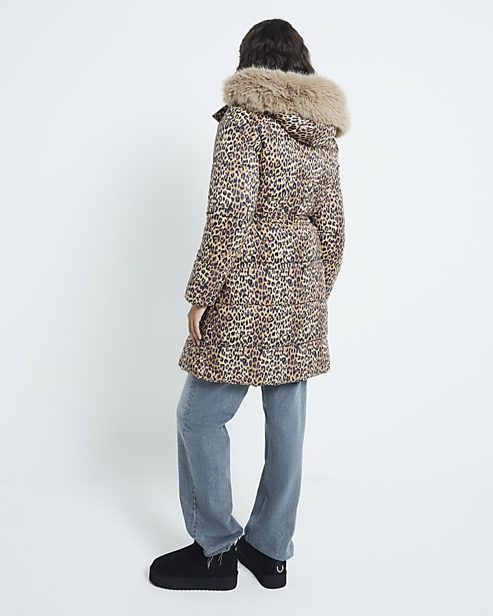 Brown Faux Fur Leopard Puffer Jacket