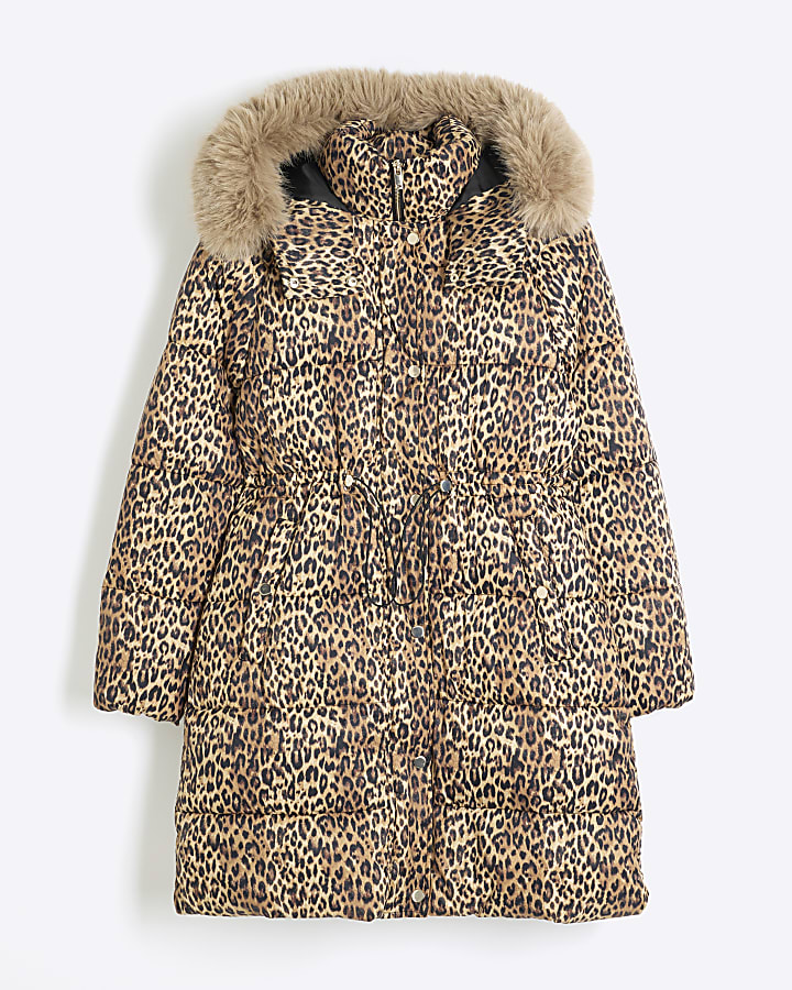 Brown Faux Fur Leopard Puffer Jacket