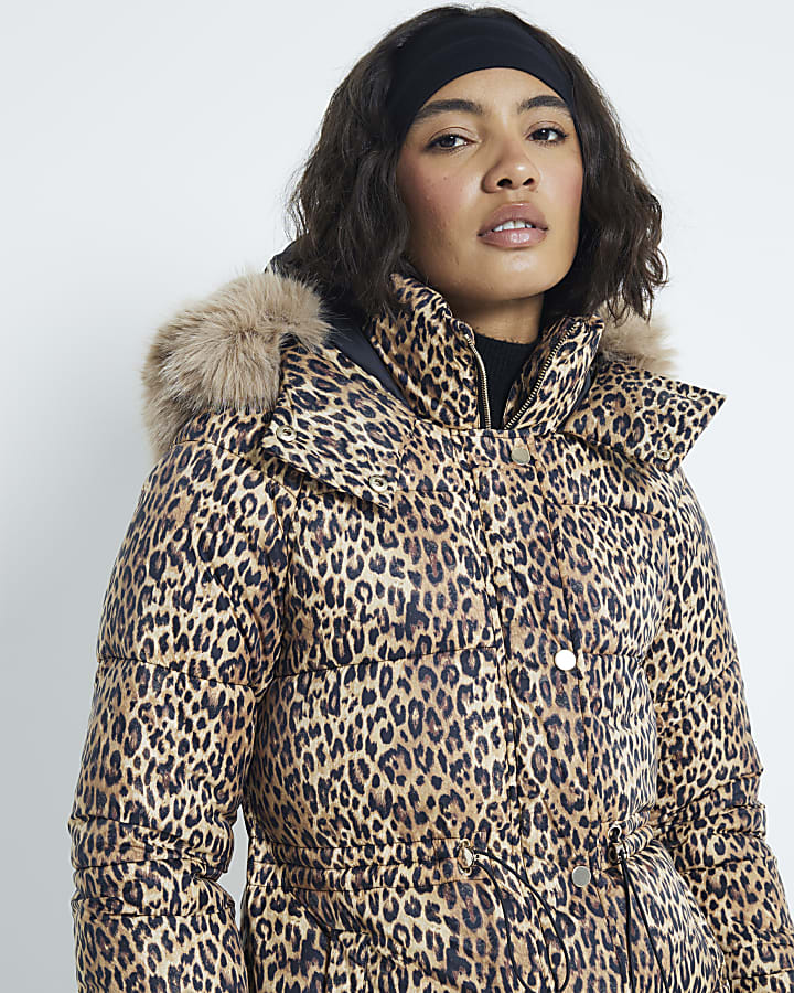 Brown Faux Fur Leopard Puffer Jacket