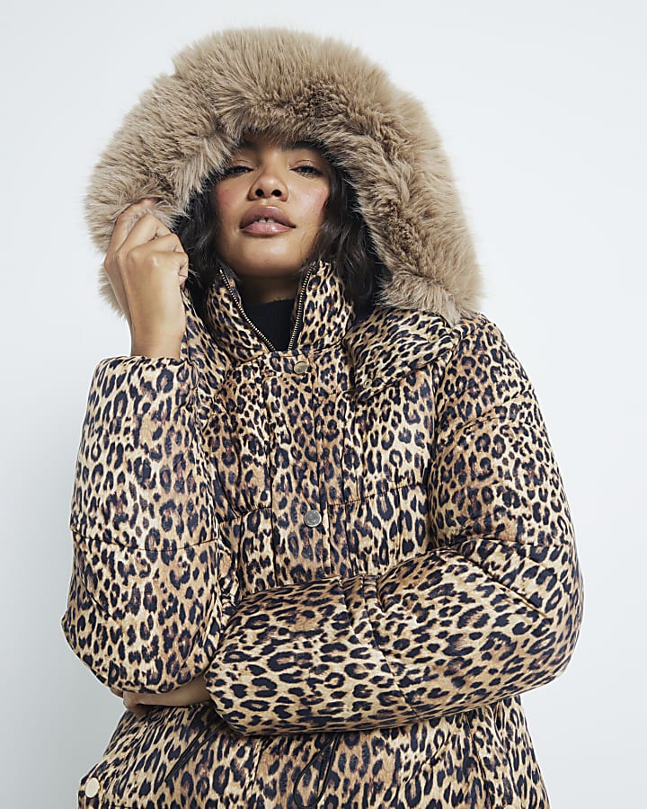 Brown Faux Fur Leopard Puffer Jacket River Island