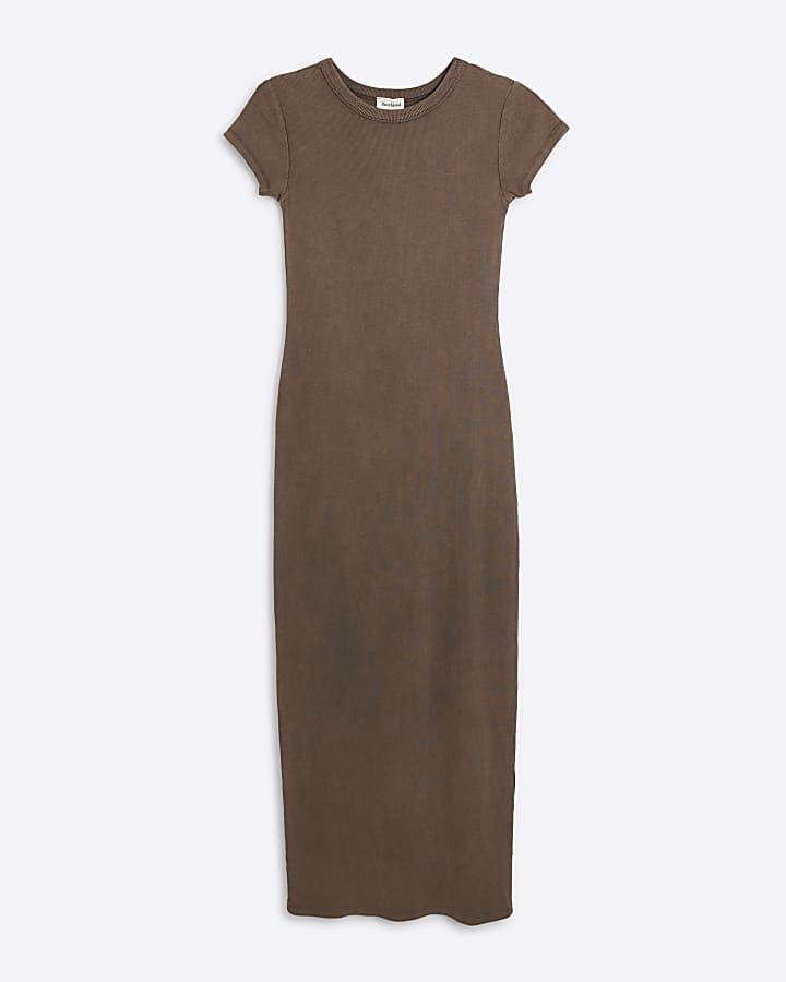 Brown ribbed bodycon midi dress