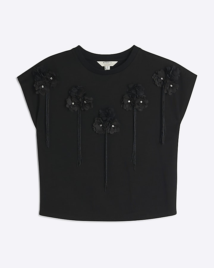 Black embellished floral tassel t-shirt