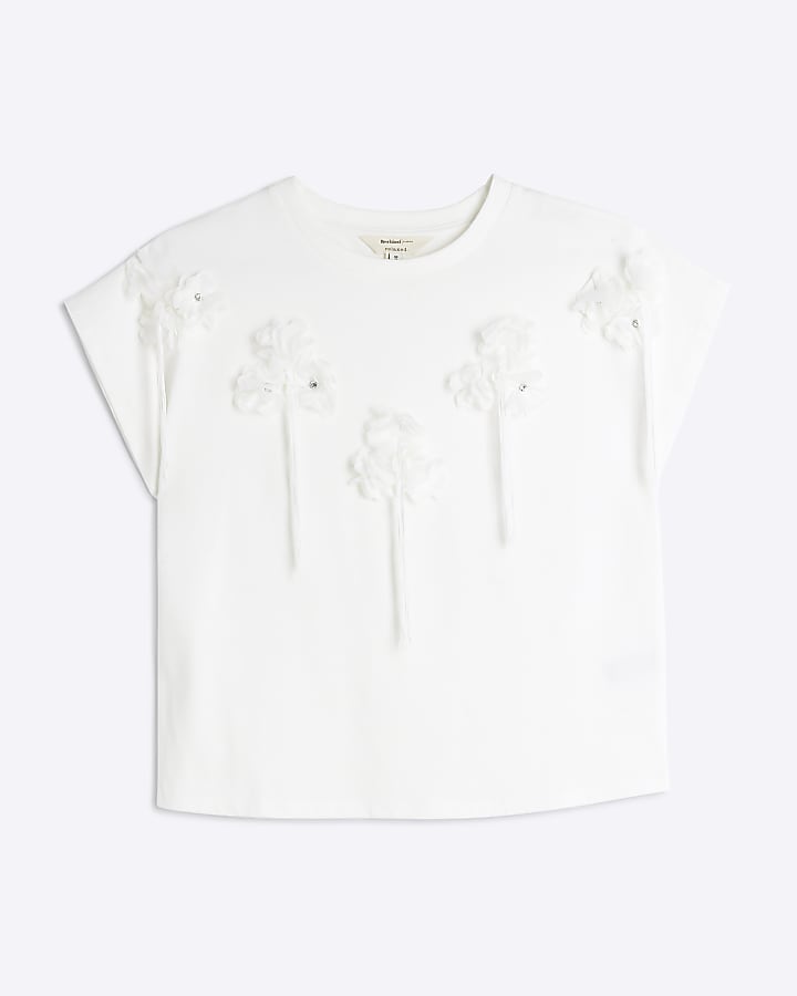 White embellished floral tassel t-shirt