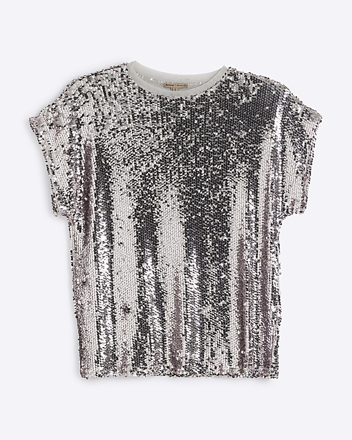 Grey sequin shoulder pad t-shirt