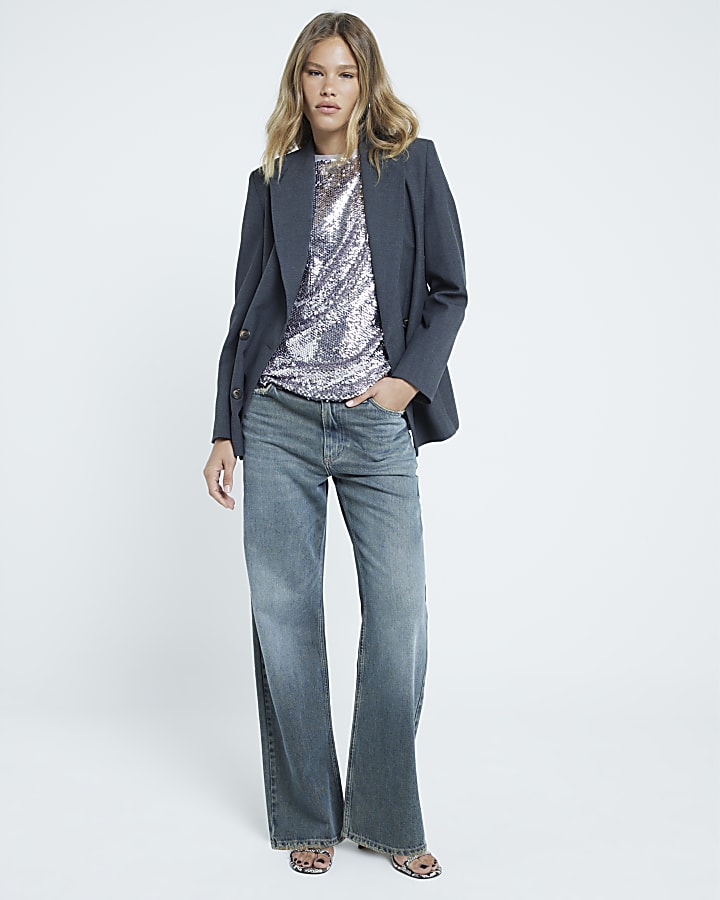 Grey sequin shoulder pad t-shirt