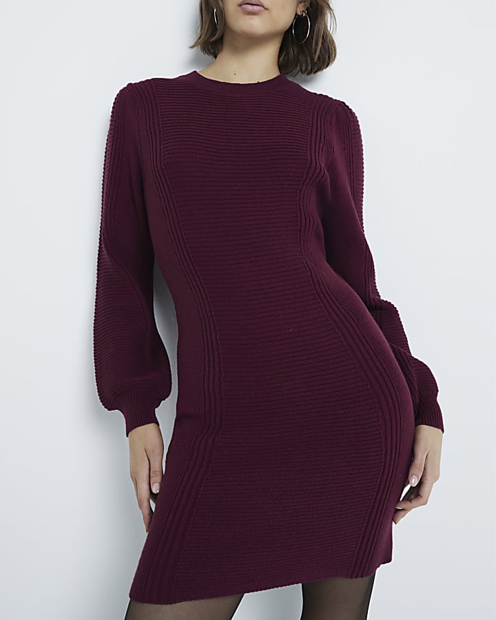 Red Rib Detail Mini Dress