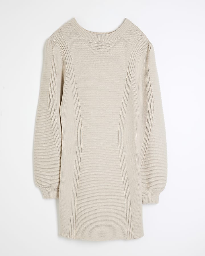 Cream Crew Neck Ribbed Mini Jumper Dress