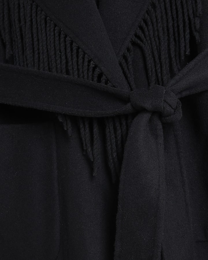 Black Premium Handmade Fringed Belted Coat