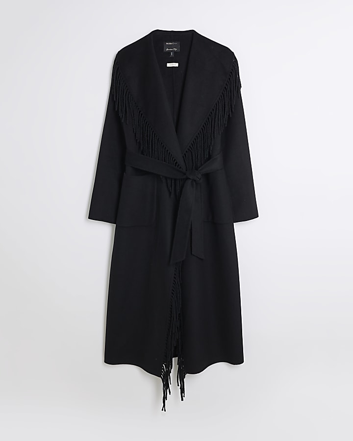 Black Premium Handmade Fringed Belted Coat