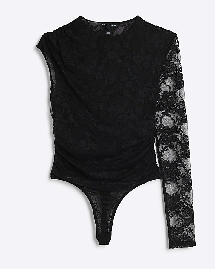 Black lace one sleeve bodysuit