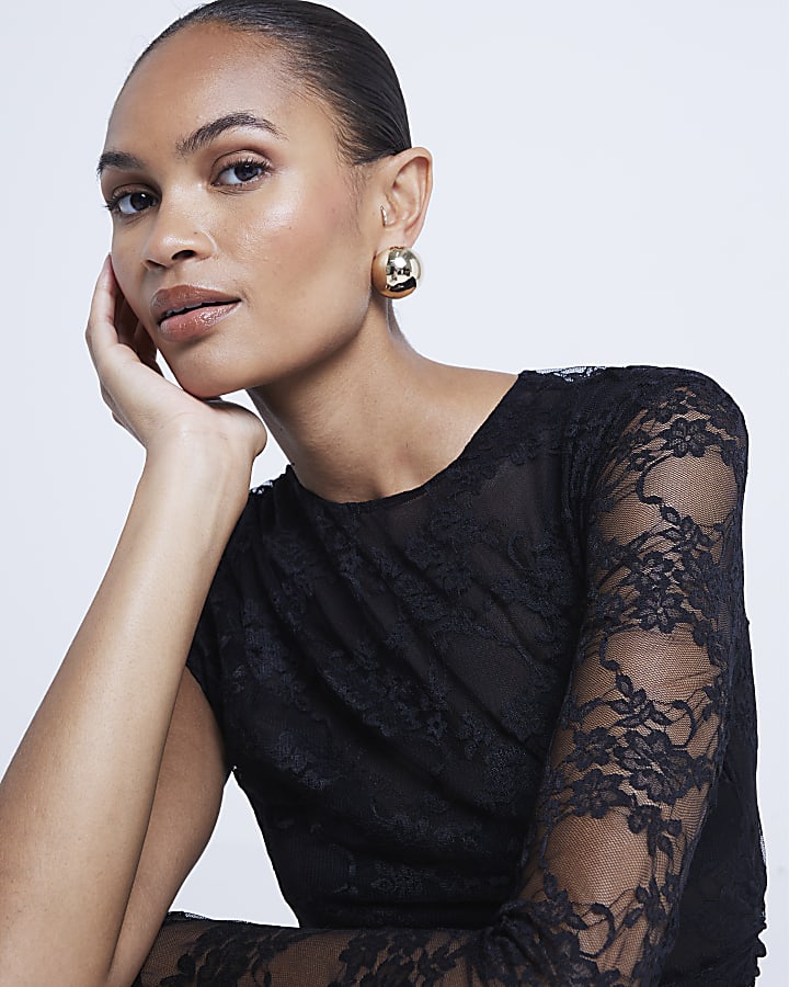 Black lace one sleeve bodysuit