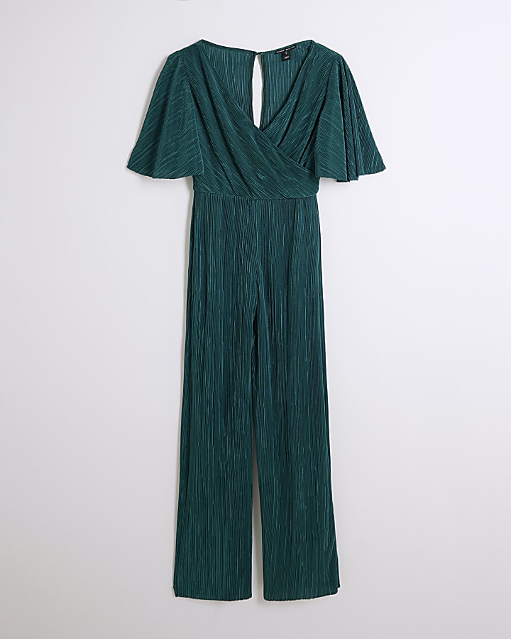 Green plisse flute sleeve jumpsuit