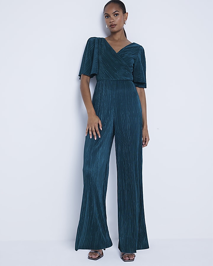 Green plisse flute sleeve jumpsuit