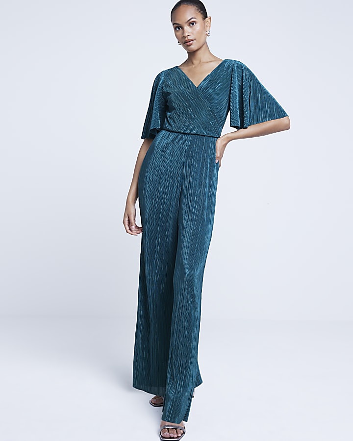 Green plisse flute sleeve jumpsuit