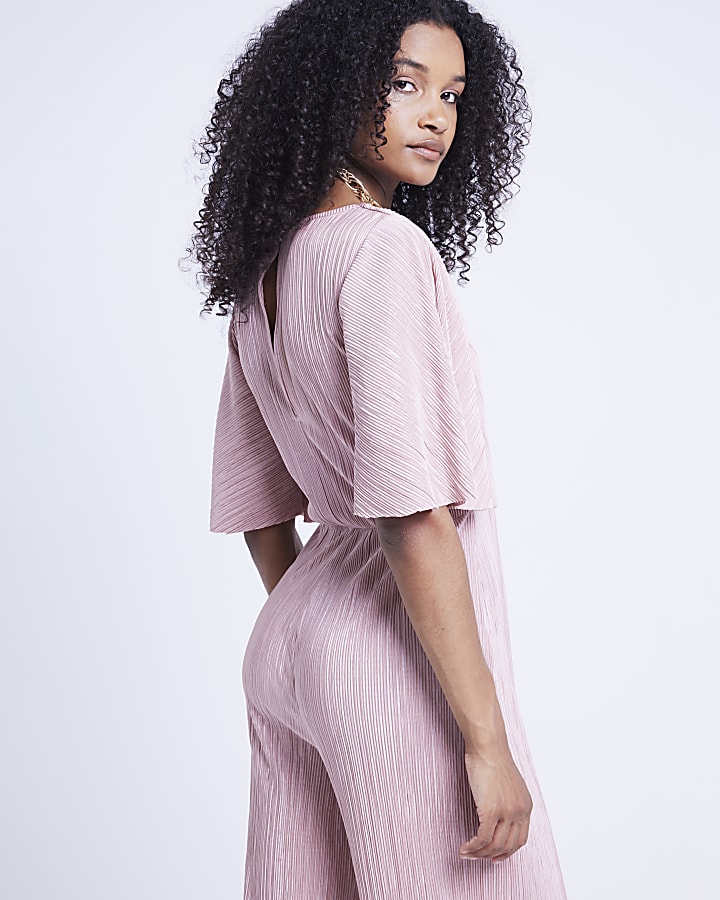 Pink plisse flute sleeve jumpsuit
