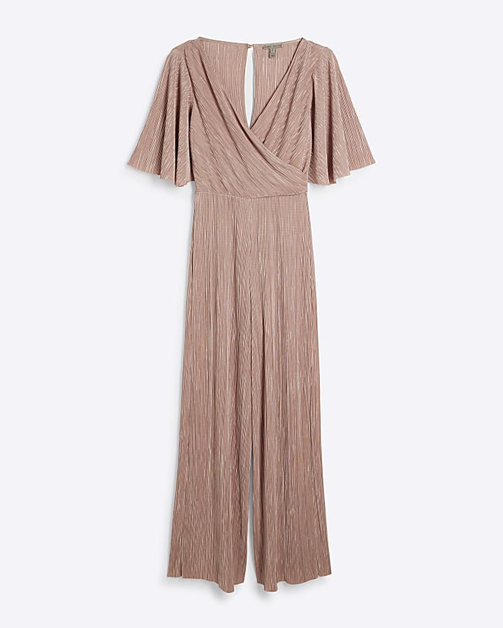 Pink plisse flute sleeve jumpsuit