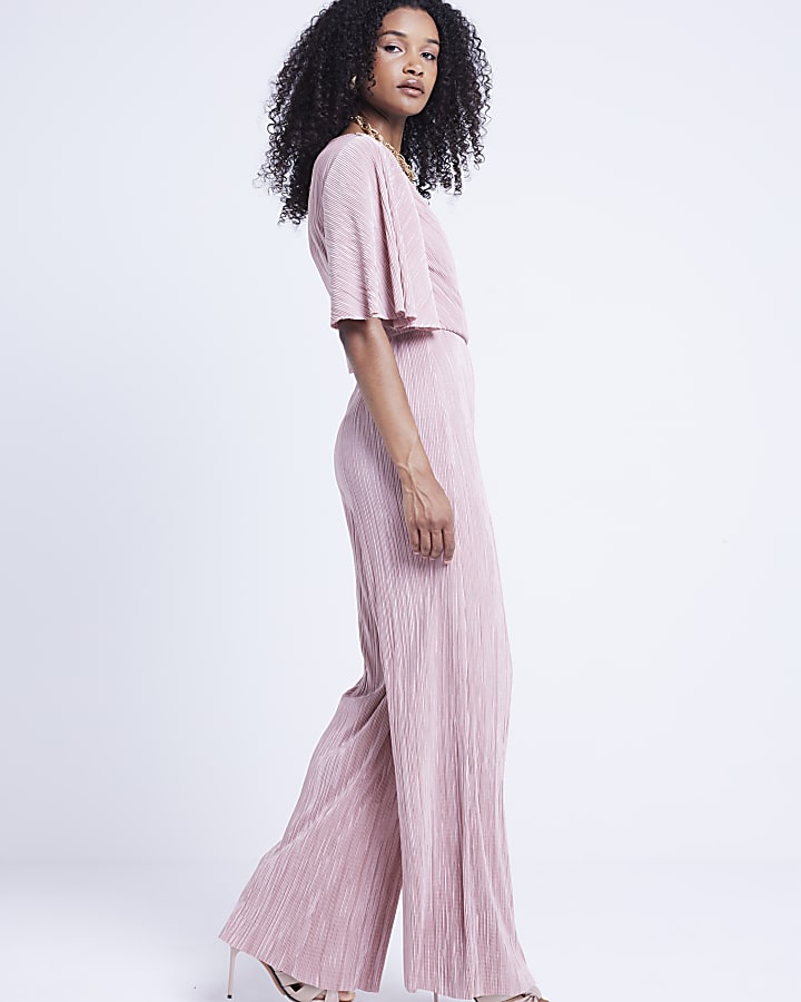 Pink plisse flute sleeve jumpsuit