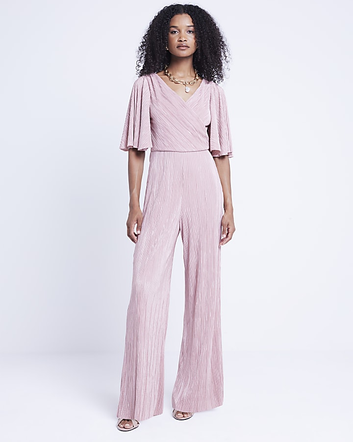 Pink plisse flute sleeve jumpsuit River Island