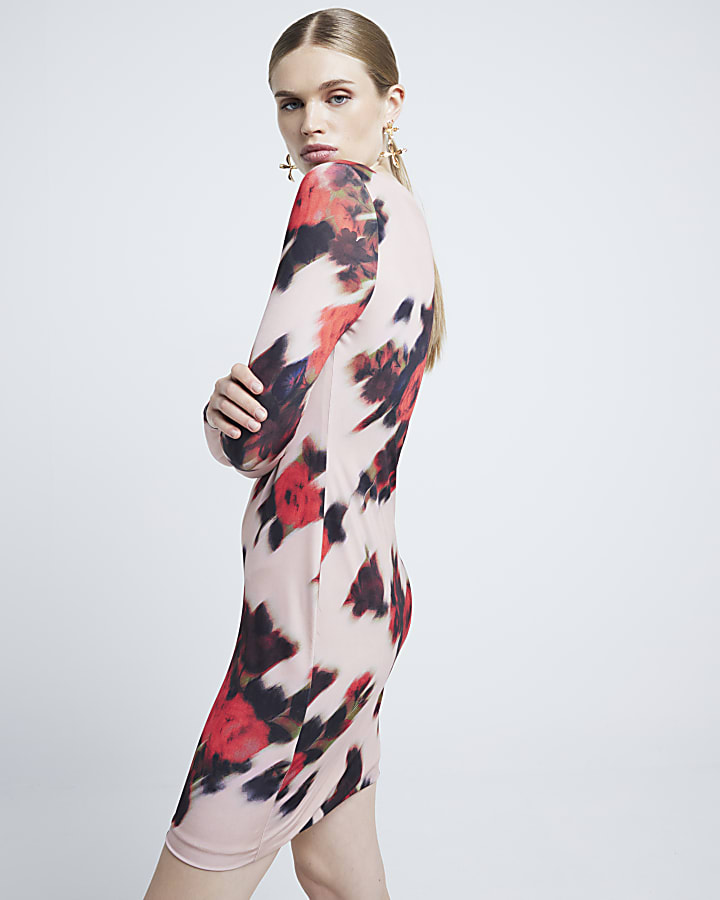 Pink blur floral bodycon mini dress