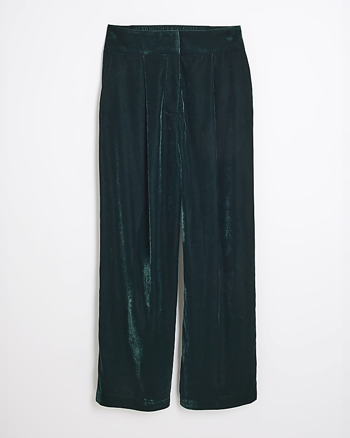 Petite Green Velvet Wide Leg Trousers