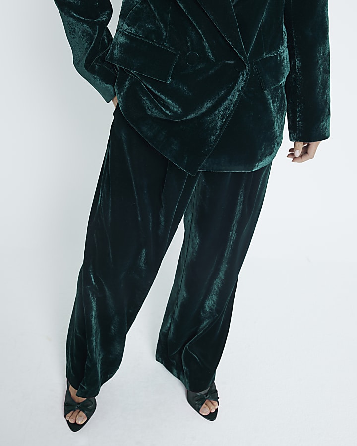 Petite Green Velvet Wide Leg Trousers