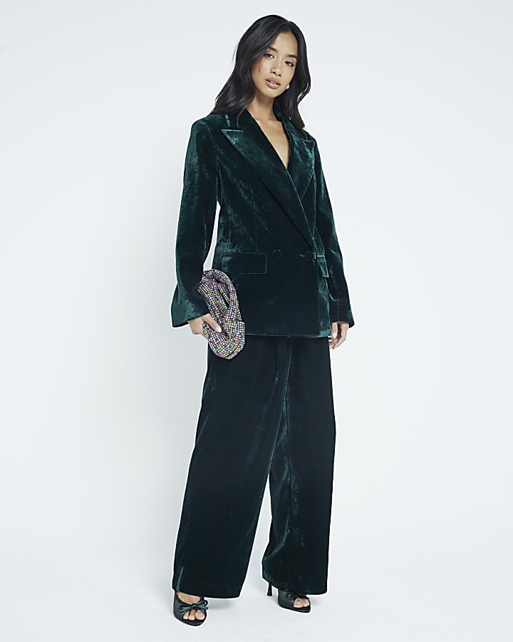 Petite Green Velvet Wide Leg Trousers