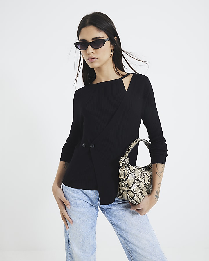 Black Long Sleeved Wrap Asymmetric Top