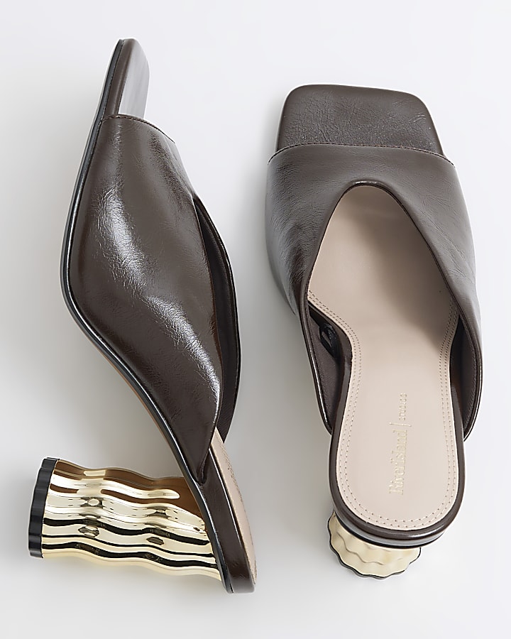 Brown Featured Heel Mules