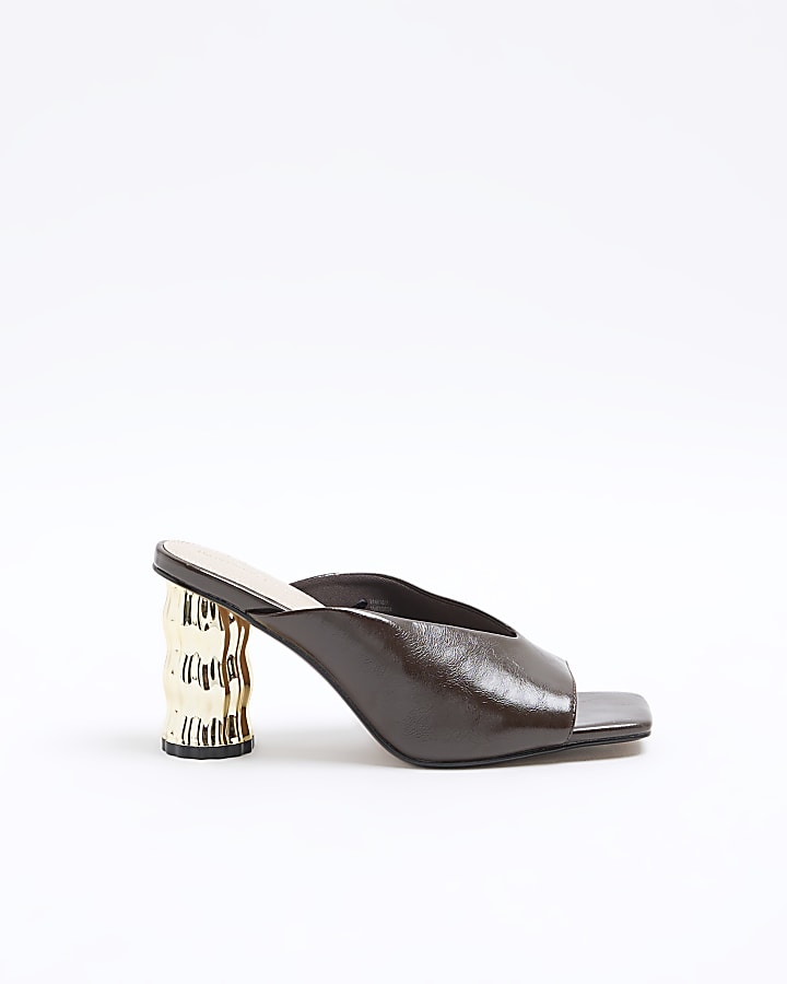 Brown Featured Heel Mules