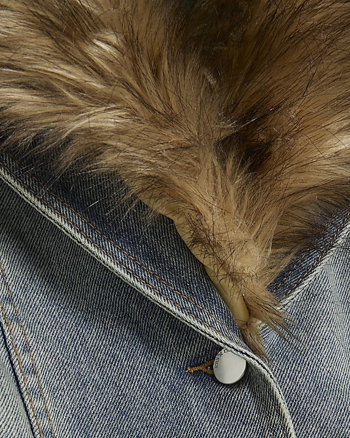 Blue Denim Faux Fur Collared Buckle Jacket