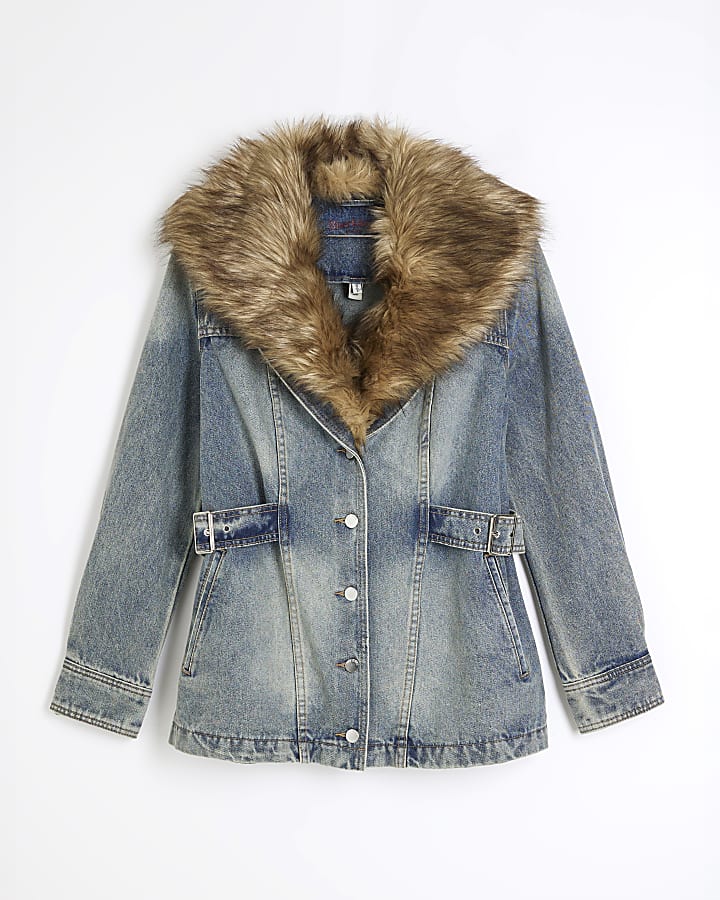 Blue Denim Faux Fur Collared Buckle Jacket