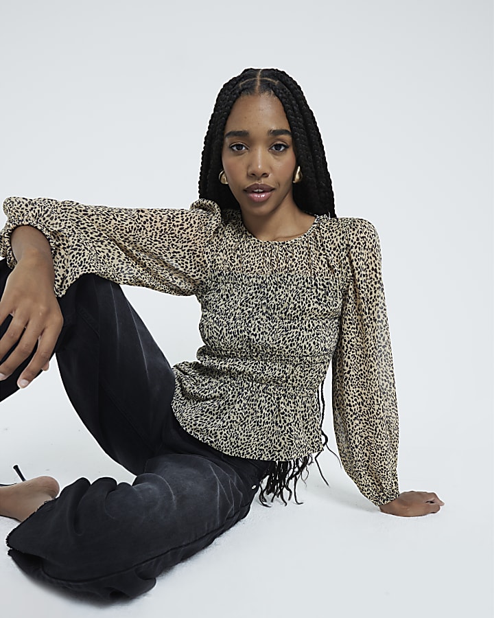 Beige Chiffon Leopard Print Blouse