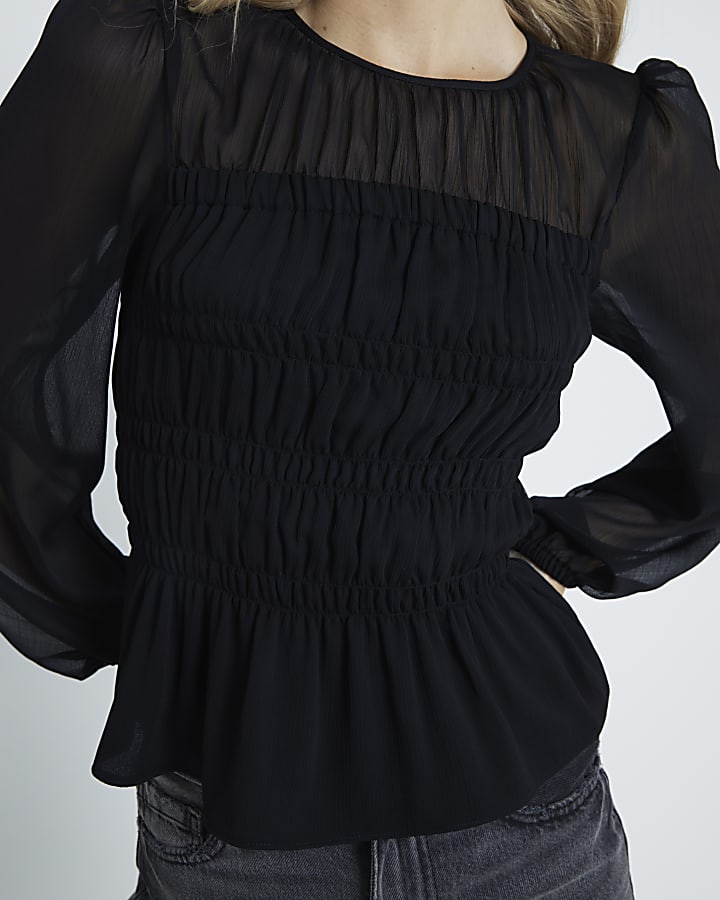 Black Long sleeve Shirred Chiffon Blouse