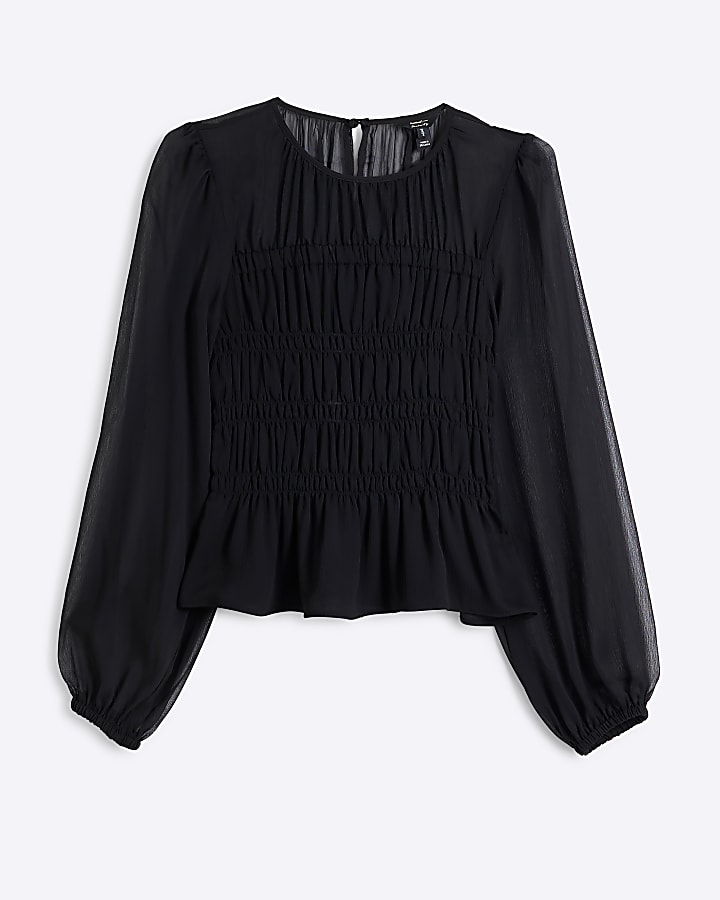 Black Long sleeve Shirred Chiffon Blouse