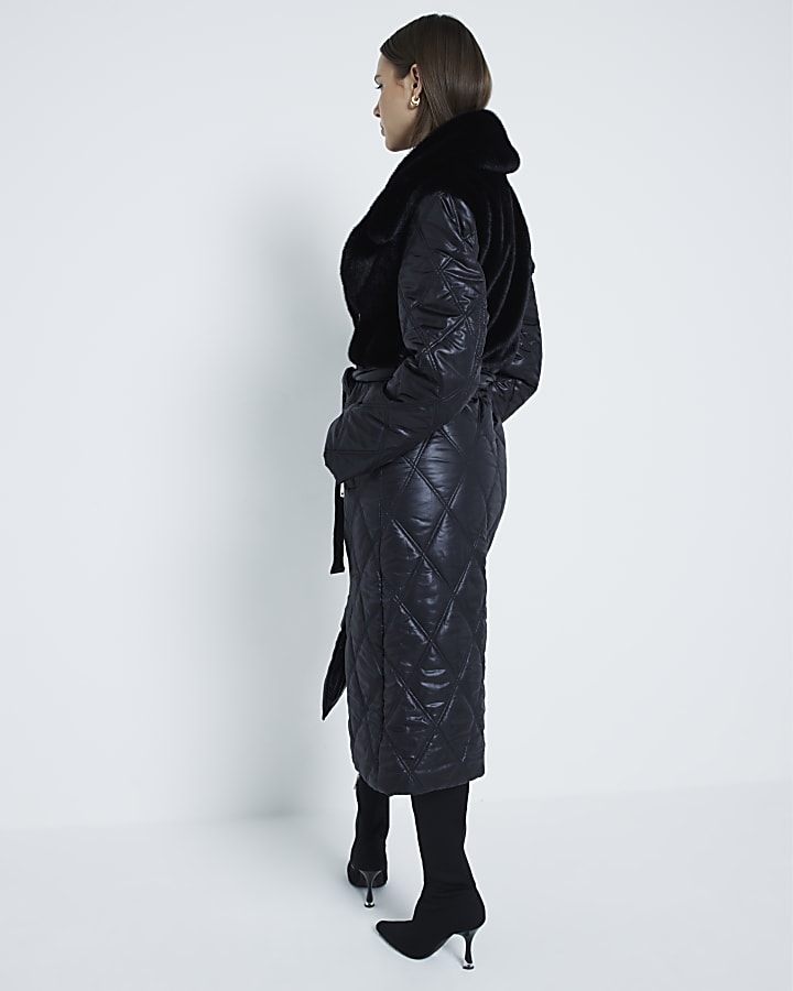 Black Faux Fur Quilted Longline Coat