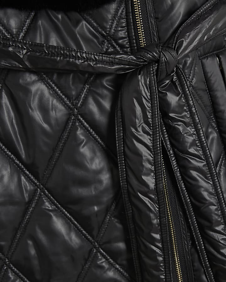 Black Faux Fur Quilted Longline Coat