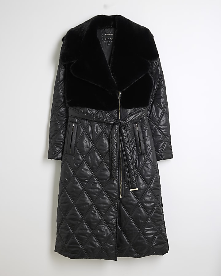 Black Faux Fur Quilted Longline Coat