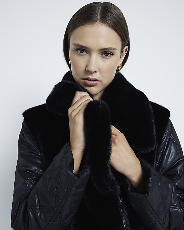 Black Faux Fur Quilted Longline Coat