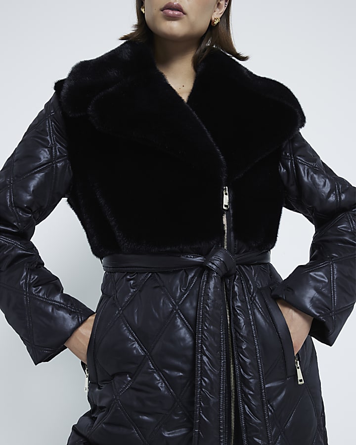 Black faux fur jacket river island on sale