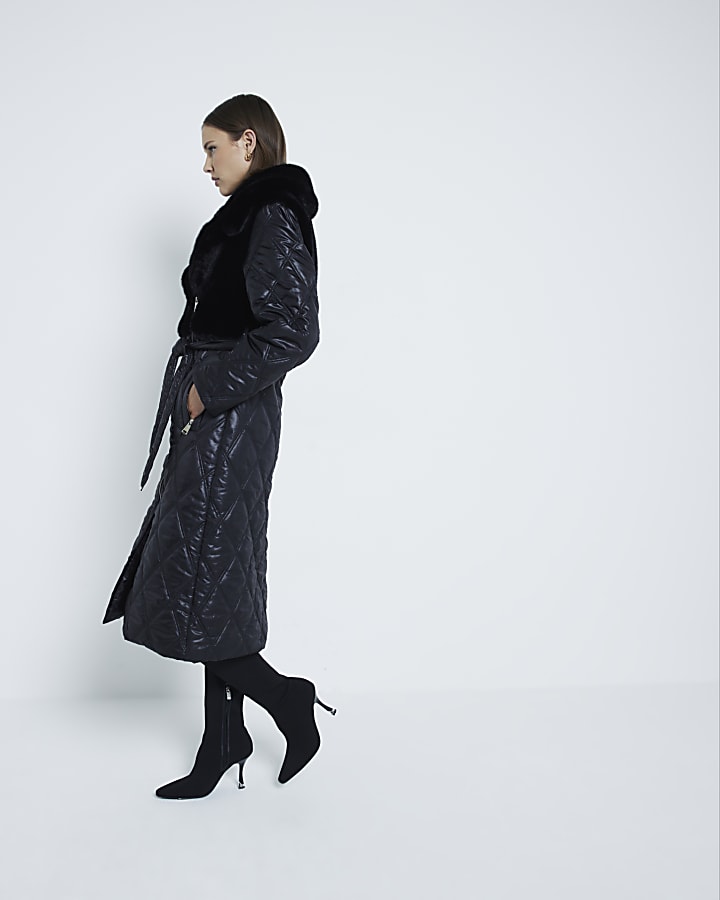 Black Faux Fur Quilted Longline Coat