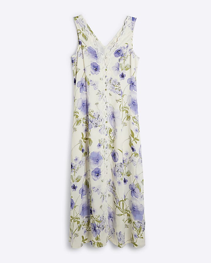 Purple floral lace trim slip midi dress