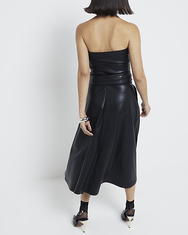 Black Faux Leather Midi Skirt