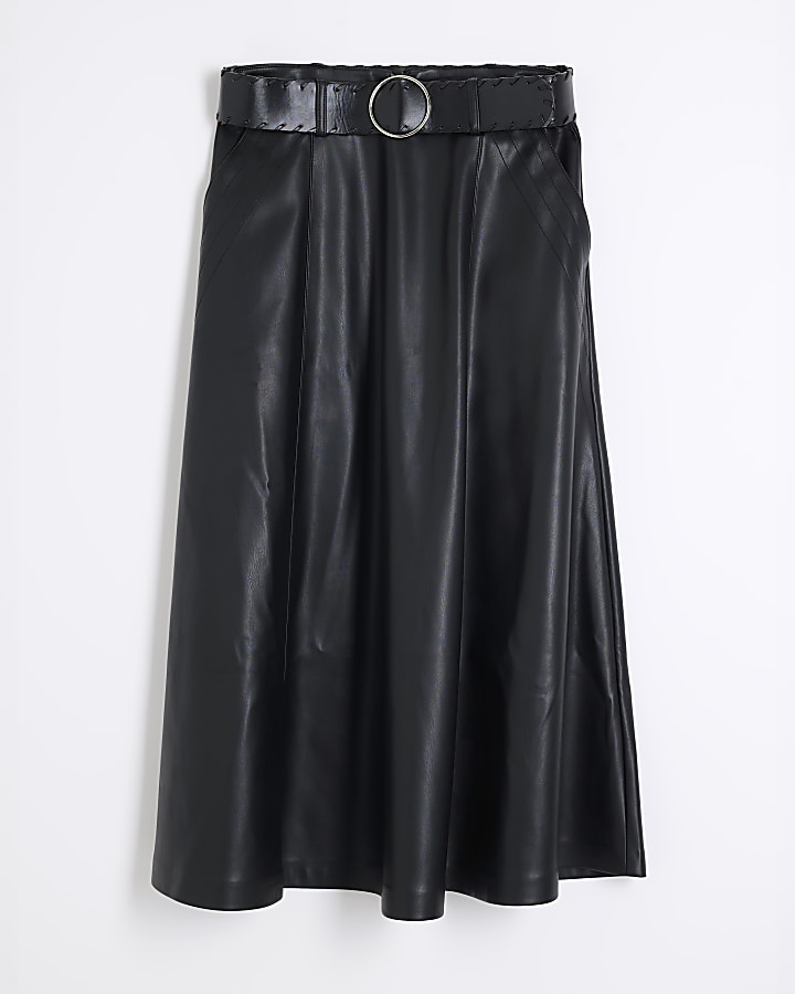 Black Faux Leather Midi Skirt