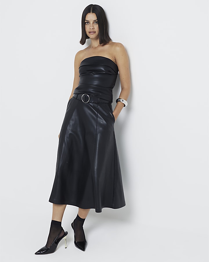 Black Faux Leather Midi Skirt