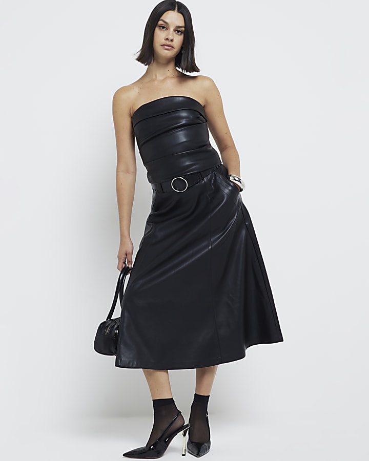 Black Faux Leather Midi Skirt