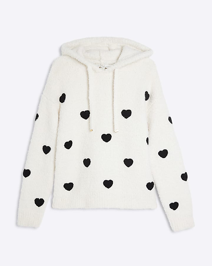 Cream Fluffy Heart Monochrome Hoodie