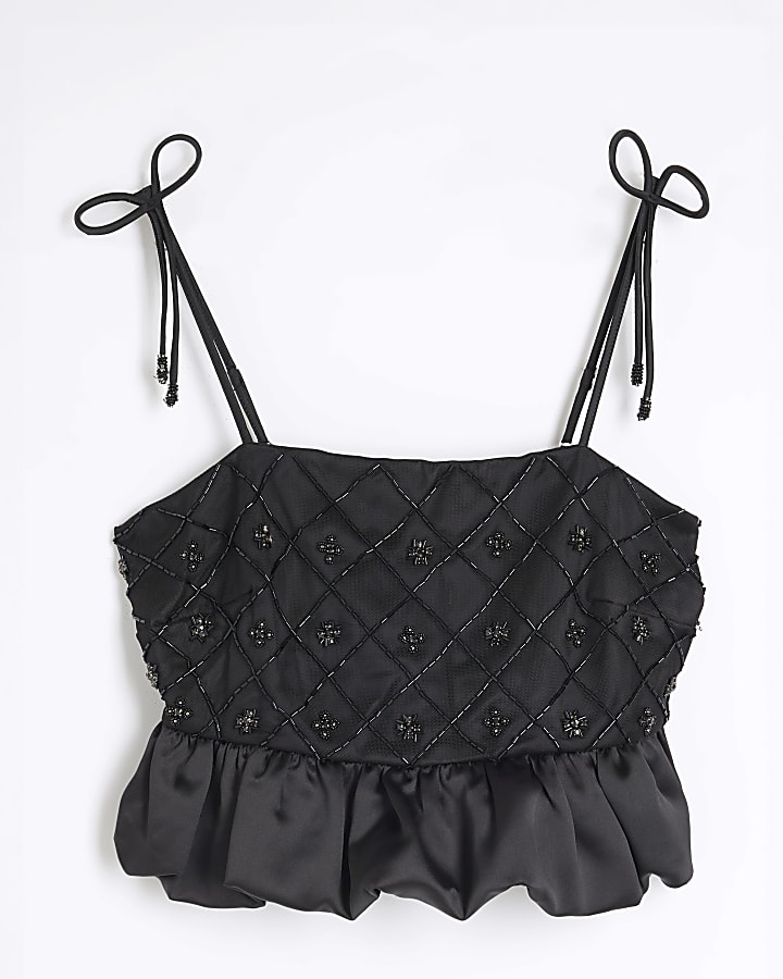 Petite Black Beaded Bubble Hem Cami Top